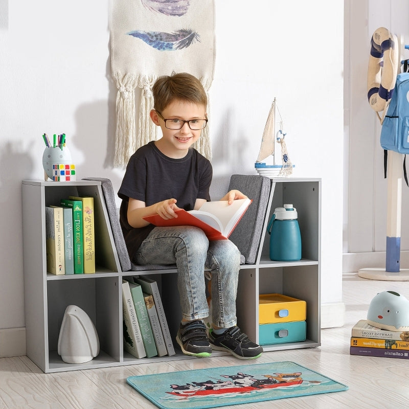 Kinderregal Bücherregal mit Sitzhocker Kindersitzbank mit 6 Fächern Sitztruhe mit 3 Kissen Spielzeugkiste ab 3 Jahren Grau