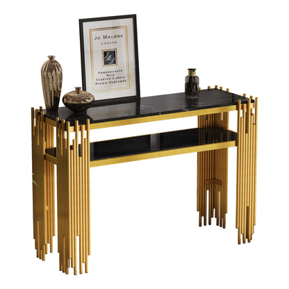 Mid-Century Modern Wohnzimmer Beistelltisch, Konsolentisch, Schwarzer Korpus mit goldenen Beinen, Doppelschicht MDF, Belastbarkeit bis 40 kg