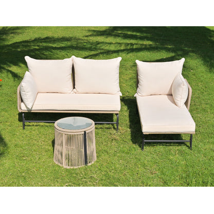Gartenlounge-Set, Gartenmöbel-Set, Gartenlounge mit Eisengestell und beigem Seilbezug, Gartenmöbel aus gewebtem Seil für den Außenbereich, L-förmiges Gesprächsset mit Tisch, Beige