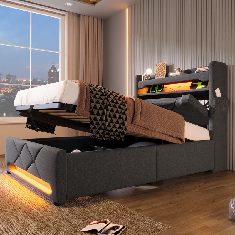 Polsterbett Einzelbett 90*200, Stauraum Kopfteil mit USB und Typ C-Port ,360-Surround-LED-Funktion rund um Kopf- und Fußende des, Betten mit Hydraulisch Stauraum, Grau , Leinen(Ohne Matratze)