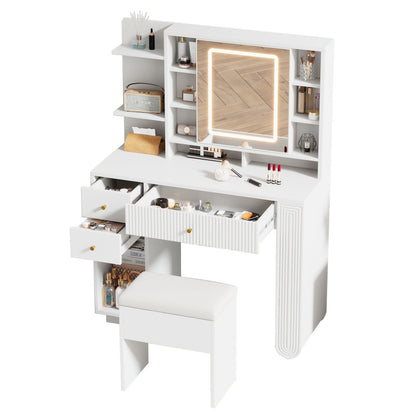 Beleuchteter Schminktisch mit Spiegel & Hocker – Moderner Frisiertisch mit Einstellbarer Helligkeit, Schubladen & Offener Ablage, Weiß, 100×40×138 cm