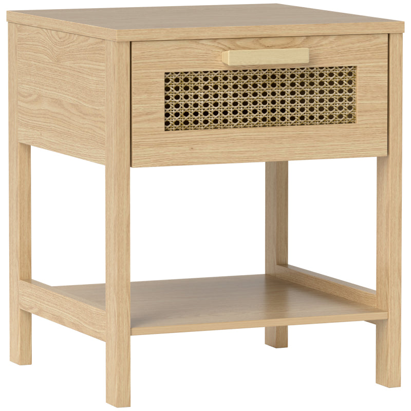 HOMCOM Nachttisch Nachtschrank Beistelltisch natürlicher Nachtkommode mit Schublade offenen Ablage Rattan-Design Natur 40 x 40 x 48,4 cm