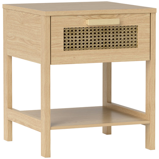 HOMCOM Nachttisch Nachtschrank Beistelltisch natürlicher Nachtkommode mit Schublade offenen Ablage Rattan-Design Natur 40 x 40 x 48,4 cm
