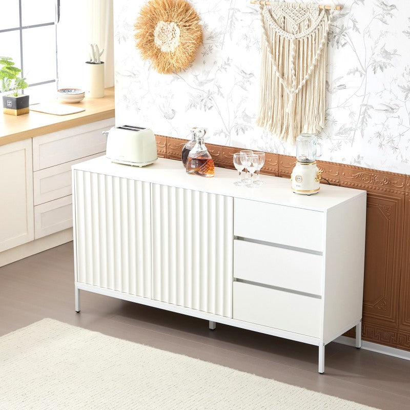 1.5m weißes modernes minimalistisches Sideboard, Aufbewahrungsschrank, Wellenmuster-Design, verstellbare Einlegeböden, 3 Schubladen, geeignet für Küche, Wohnzimmer, Korridor und andere Multi-Szene