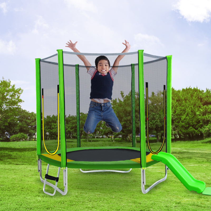 Kinder Trampolin Outdoor Ø 213 cm Gartentrampolin mit Rutsche, Leiter, Netz, Doppeltür und Gepolsterten Stangen,TÜV Zertifiziert,bis 100 kg