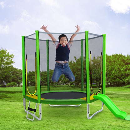 Kinder Trampolin Outdoor Ø 213 cm Gartentrampolin mit Rutsche, Leiter, Netz, Doppeltür und Gepolsterten Stangen,TÜV Zertifiziert,bis 100 kg