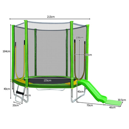 Kinder Trampolin Outdoor Ø 213 cm Gartentrampolin mit Rutsche, Leiter, Netz, Doppeltür und Gepolsterten Stangen,TÜV Zertifiziert,bis 100 kg