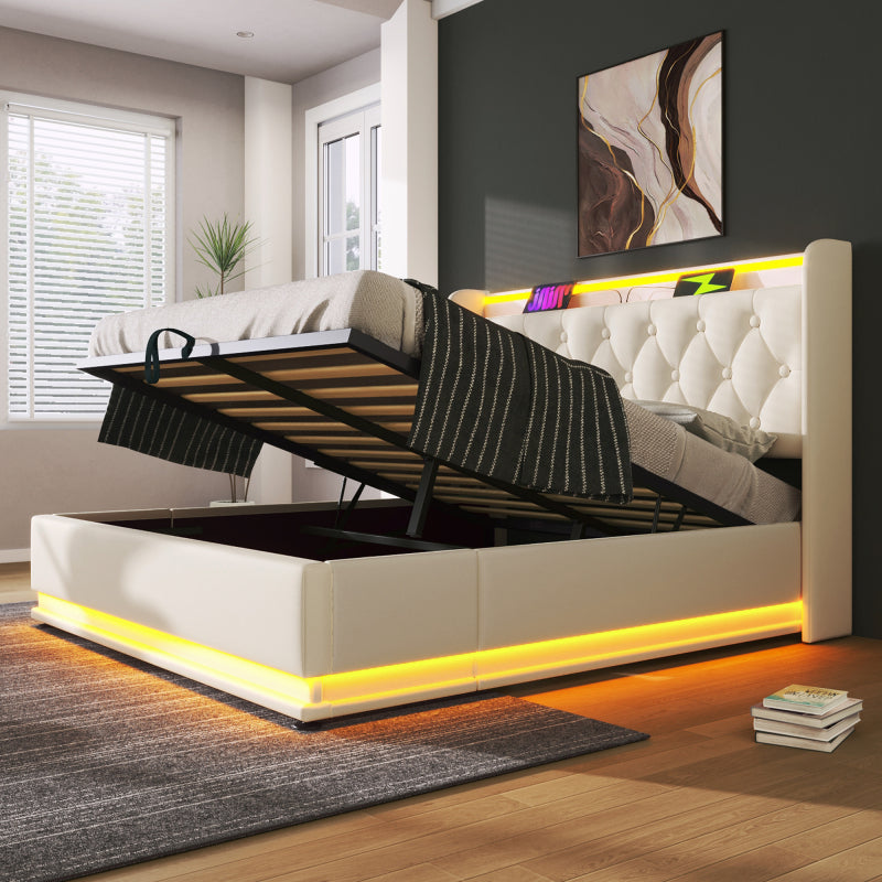 Polsterbett Doppelbett, 360-Surround-LED-Funktion, Drucktaste/App/Fernbedienung, 160*200 cm, weiß PU-Material Hydraulisches Lagerbett, gepolstertes Kopfteil mit USB Typ-C Ladefunktion (Mit Matratze)