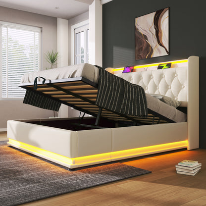 Polsterbett Doppelbett, 360-Surround-LED-Funktion, Drucktaste/App/Fernbedienung, 160*200 cm, weiß PU-Material Hydraulisches Lagerbett, gepolstertes Kopfteil mit USB Typ-C Ladefunktion (Mit Matratze)