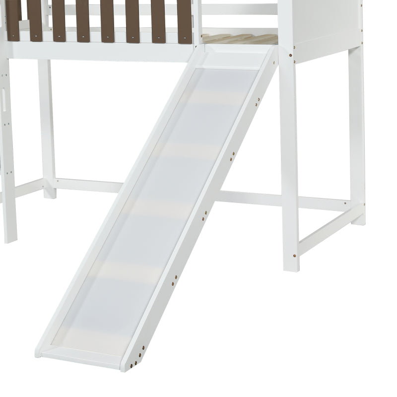 Hochbett, Mit Dach und Fenster, Mit dreistufiger gerader Leiter, Jugendbett, Kinderbett mit Rutsche,  Kiefer+MDF, Weiß+Walnuss, 90x200cm