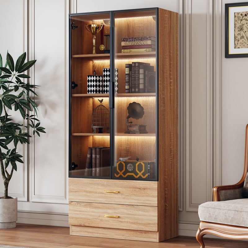 Badezimmerschrank, mittel, mit Lichtleiste, 75 cm breit, mit 2 großen Schubladen und 2 Türen, Glastür