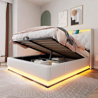 Polsterbett Doppelbett, 360-Surround-LED-Funktion, Drucktaste/App/Fernbedienung, 160*200 cm, weiß PU-Material Hydraulisches Lagerbett, gepolstertes Kopfteil mit USB Typ-C Ladefunktion (Mit Matratze)