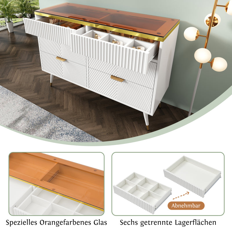 Kommode Sideboard aus Bernstein Glas, Kommode mit 6 Schubladen,Facheinteilung, kippsicher, Hochschrank für Schlafzimmer und alle Wohnräume, 120 x 40 x 76 cm, weiß
