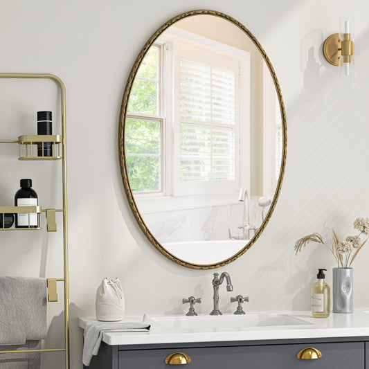 Iron Art Oval Retro Mirror, Antique Effect, Wall Hanging, Suitable For Bathroom, Bedroom, Living Room (Gold)