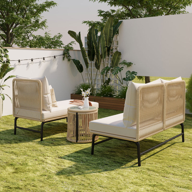 Gartenlounge-Set, Gartenmöbel-Set, Gartenlounge mit Eisengestell und beigem Seilbezug, Gartenmöbel aus gewebtem Seil für den Außenbereich, L-förmiges Gesprächsset mit Tisch, Beige