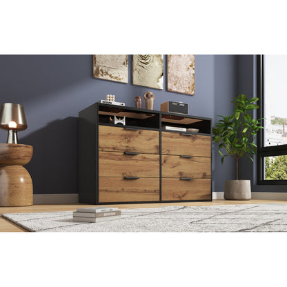 Kommode Sideboard aus Bernstein Glas, Sideboard mit Metallgriffen, Kommode mit 6 Schubladen und 2 Fächern , kippsicher, 120 x 40 x 80 cm, Eiche
