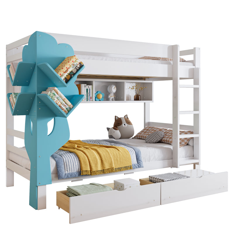 Etagenbett, Kreatives Kinderbett, Bücherregal in Baumform, Offenes Regal, Zwei Schubladen mit Rollen, Mit Fallschutzgitter, Reichlich Stauraum, Kiefer+MDF, Weiß+Blau, 90x200cm