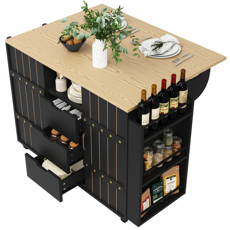 Küchenschrank, Servierwagen mit Holzmaserung, Küchenwagen mit rollen und arbeitsplatte, Küchenwagen mit Gewürzregal und Handtuchhalter, Kücheninsel mit Schiebetüren und Schubladen, schwarz