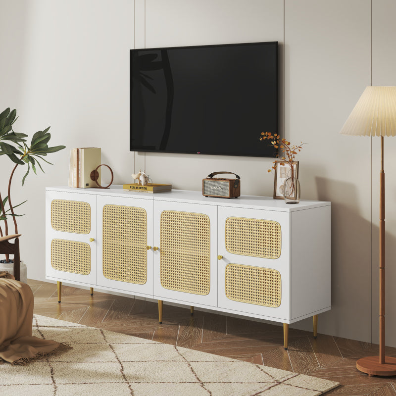 Eleganter Weißer Rattan-TV-Schrank 180x40x72 cm - Mit 4 Rattantüren, Höhenverstellbaren Regalen und Kabelmanagement, Für bis zu 80 Zoll Fernseher,TV-Schränke,Lowboards