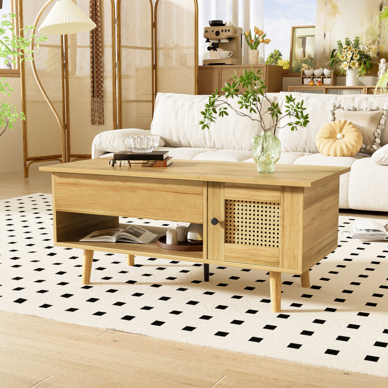 Eleganter Couchtisch mit anhebbarer Tischplatte und Rattan-Türen, Holzfarbe mit schwarzen Akzenten, ideal für das Wohnzimmer – Praktischer Stauraum und funktionales Design