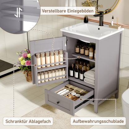 51x46x85cm Bodenstehender Badezimmerschrank mit Waschbe, Waschtisch,komplett lackiert, Türablage, geräuschlose Schublade mit großem Fassungsvermögen, verstellbares Regal, Keramikwaschbecken, Grau
