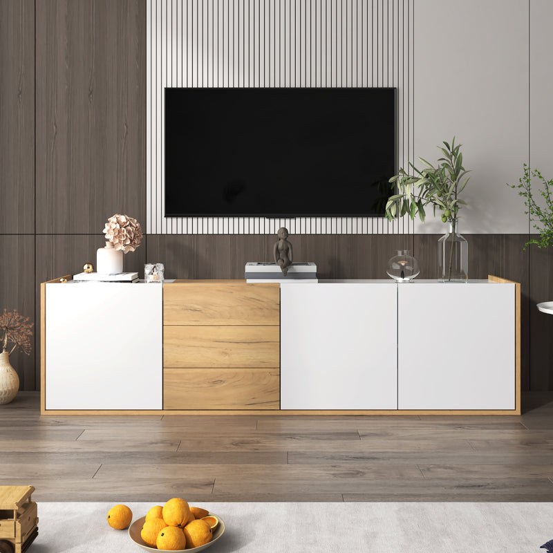 TV-Schrank, niedriges Paneel in Weiß und Holzfarben, TV-Möbel, die an die Wand gehängt oder auf den Boden gestellt werden können