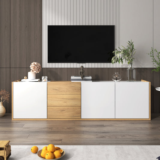 TV-Schrank, niedriges Paneel in Weiß und Holzfarben, TV-Möbel, die an die Wand gehängt oder auf den Boden gestellt werden können