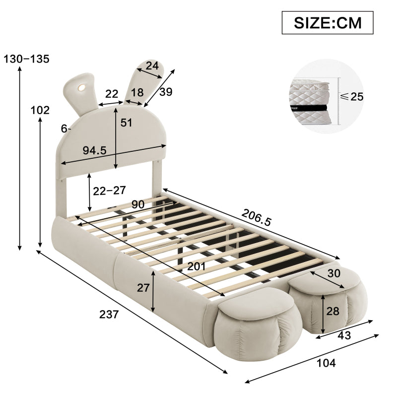 Polsterbett, Einzelbett, Hasenohren mit einstellbarer Helligkeit warmfarbenen Lichtstreifen, mit zwei Aufbewahrungshockern, Kinderbett mit Holzlatten, Samt, Beige, 90x200cm