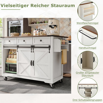 Kücheninsel, Servierwagen mit ausziehbarer Arbeitsplatte, Küchenwagen auf Rollen, Küchenschrank mit 2 Schiebetüren und 3 Schubladen,Speisewagen mit Holzmaserung,Küchenschrank
