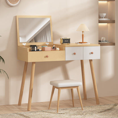 Schminktisch, Kosmetiktisch Mit Spiegel, Schminktisch aus Holz Mit Schubladen, geteilter Stauraum, große Lagerkapazität - Maße:B100/H78/T40 cm(ohne Hocker)(OLD SKU: WF319875AAW)
