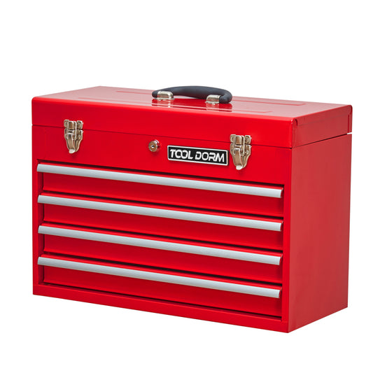 20.3inch Metal Tool Box with Drawers Portable Steel Metal Tool Box with Protective Liner and Metal Latch Closure and Lock for Garage, Home and Warehouse (Red-4 Drawers)
