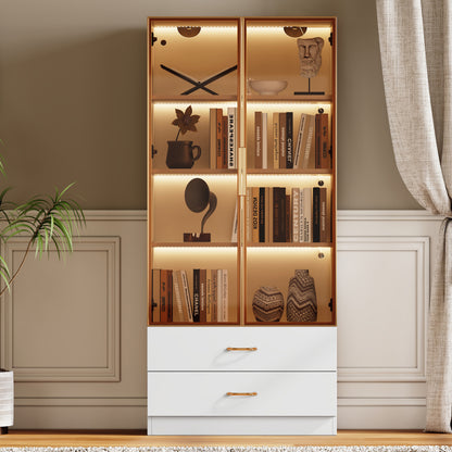 Badezimmerschrank, mittel, mit Lichtleiste, 75 cm breit, mit 2 großen Schubladen und 2 Türen, Glastür