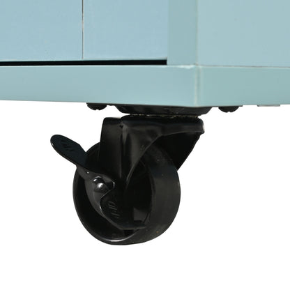 139x46(71)x91,5 cm großer Esswagen/Anrichte, Korpus Blau + Arbeitsplatte in Massivholzmaserung, klappbare Arbeitsplatte, Ablagetür, Rollen, auswechselbare Massivholzfüße, geeignet für Esszimmer, Küche