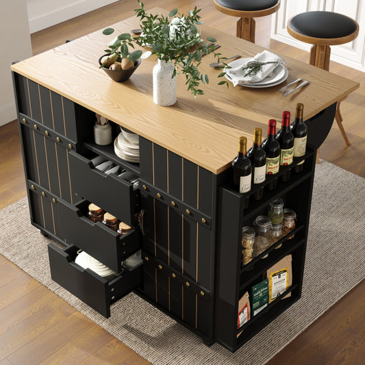 Küchenschrank, Servierwagen mit Holzmaserung, Küchenwagen mit rollen und arbeitsplatte, Küchenwagen mit Gewürzregal und Handtuchhalter, Kücheninsel mit Schiebetüren und Schubladen, schwarz