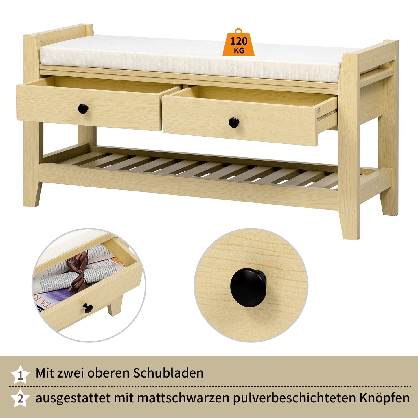 Moderne Schuhbank mit Sitzfläche und Stauraum, Soft Kissen-Oberfläche, Schuhregal für Eingangsbereich, Natur