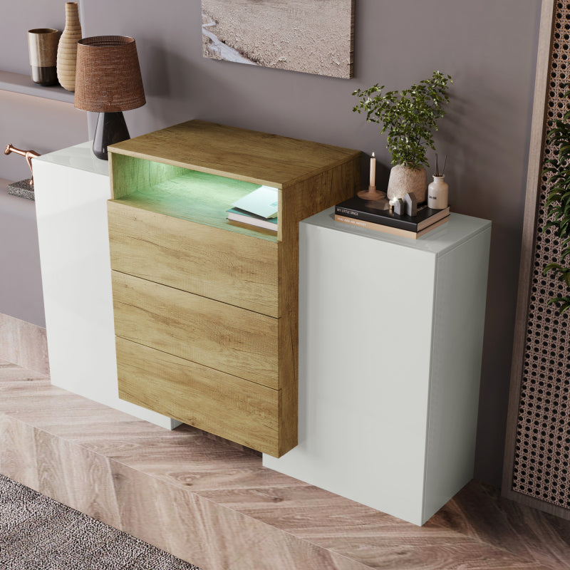 Sideboard, Moderner Kommode, Schrank 140cm, Hochglanz-Weiß und Holzfarbe, Mehrfarbige LED-Lichteffekte. Stilvolle Aufbewahrungslösung (Teilweise glänzende Oberfläche)