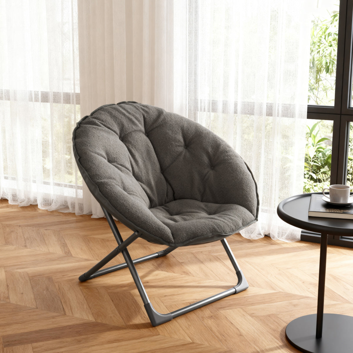 Klappbarer Moon Chair Schafwolle-Bezug, XXL, Traglast 110 kg, Platzsparend, Grau