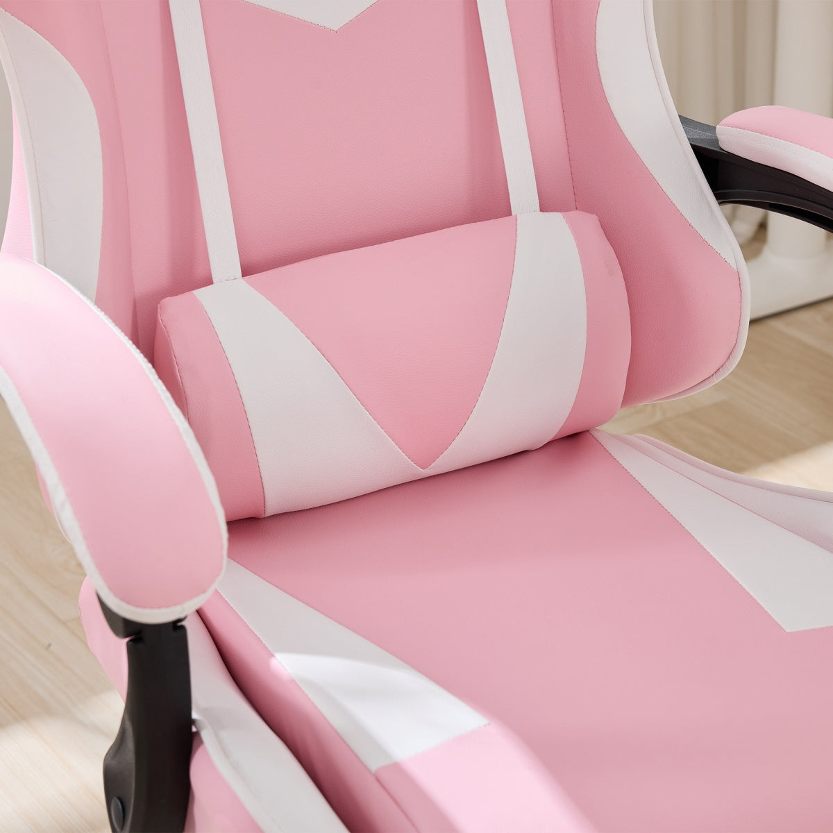 Gaming Stuhl Racing Design, 155° Liegefunktion, Fußstütze, Lendenmassage, Rosa + Weiß