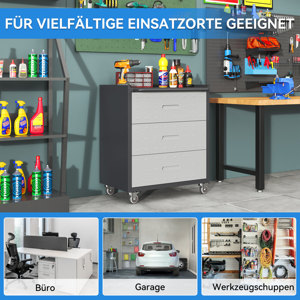 Werkzeugschrank Metall rollbar 3 XXL-Schubladen 75x42x88cm Werkstattwagen Schwarz/Grau 90kg Traglast Garage & Büro Schnellmontage