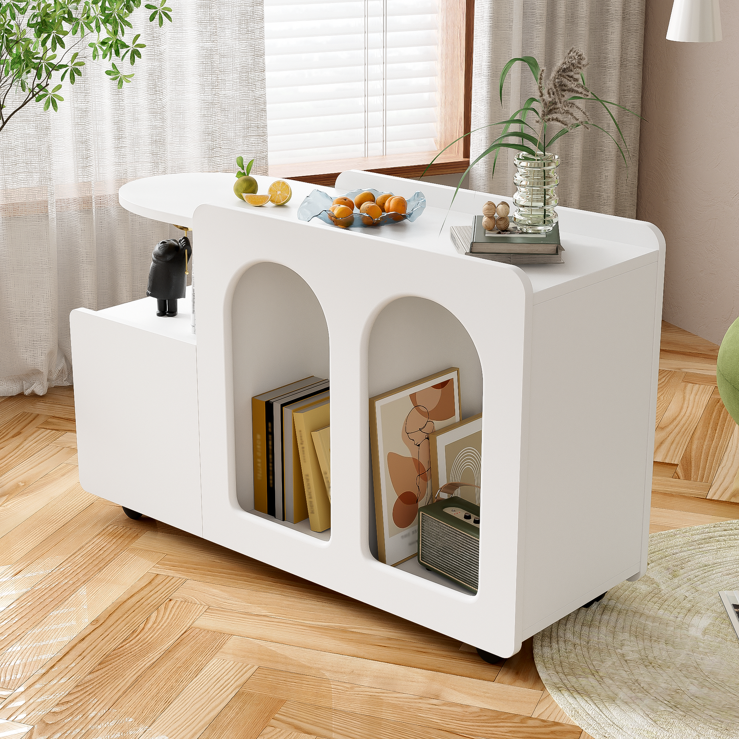 Beistellschrank mit Rollen, vielseitiger Aufbewahrungswagen für Wohnzimmer, Esszimmer und Schlafzimmer, Weißer