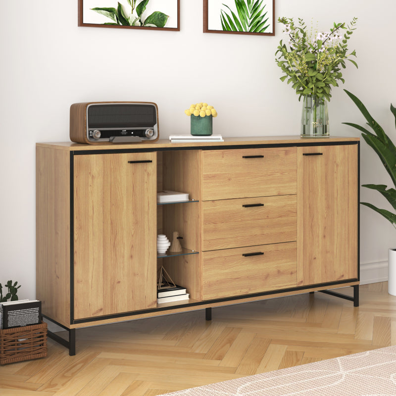 Sideboard mit drei Schubladen, exquisite Maserung. Modernes Sideboard in Holzfarbe mit Ablagefächern – stilvolle und funktionale Wohnmöbel. Schwarz und Holzfarbe.