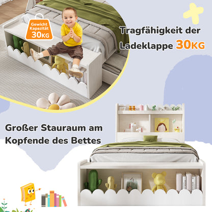 Kinderbett Einzelbett Stauraumbett mit Schubladen, Regal und Sitzbank mit Stauraum, Holzbett 90x200 cm, Weiß mit Eichefarben (Ohne Matratze)