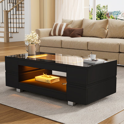 Schwarzer LED-Couchtisch mit Bluetooth-App-Steuerung, doppelschichtiger Hochglanz-Hohldesigntisch, geeignet für Partys, Büros, Wohnzimmer