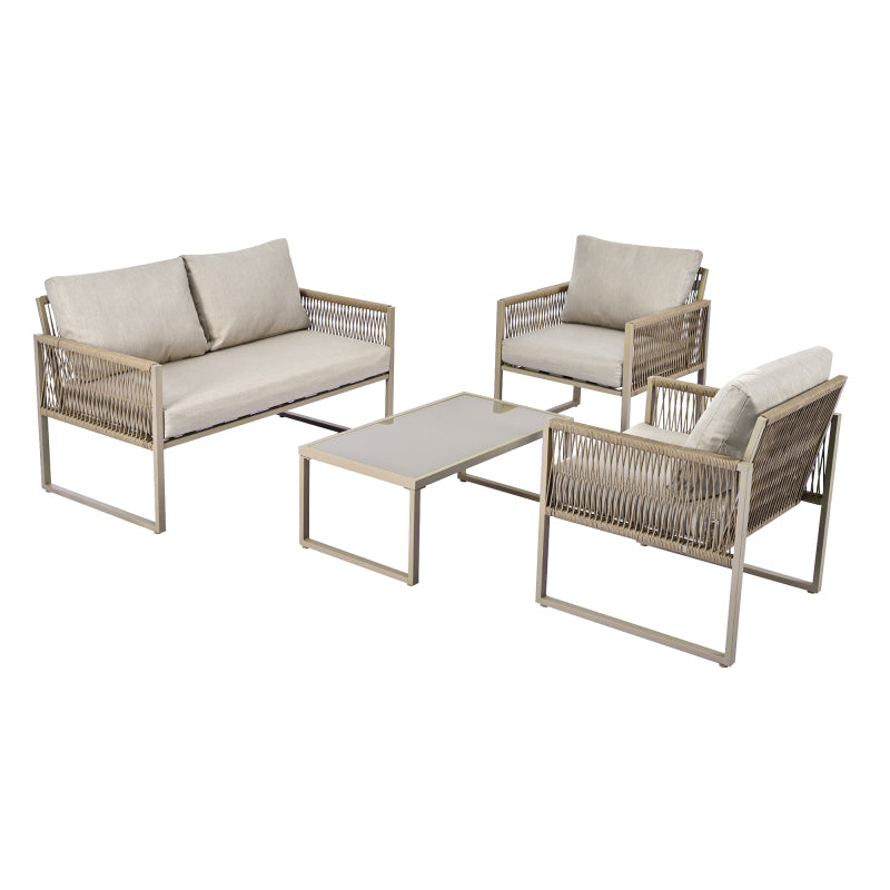 Garten-Lounge-Set mit verzinktem Eisenrahmen, Gartenmöbel-Set aus Seil, Lounge-Set aus khakifarbenem Seil mit Sitzkissen, verstellbaren Füßen, glatter Glasplatte, 4er-Set, inklusive aller Kissen