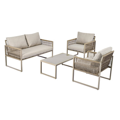 Garten-Lounge-Set mit verzinktem Eisenrahmen, Gartenmöbel-Set aus Seil, Lounge-Set aus khakifarbenem Seil mit Sitzkissen, verstellbaren Füßen, glatter Glasplatte, 4er-Set, inklusive aller Kissen