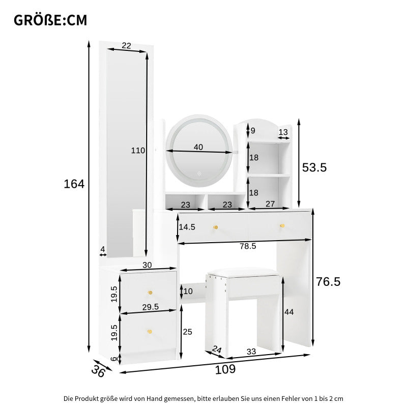 4-in-1 Schminktisch,Make-up Tisch,mit Ganzkörperspiegel und drehbarem Tischspiegel, Weiß