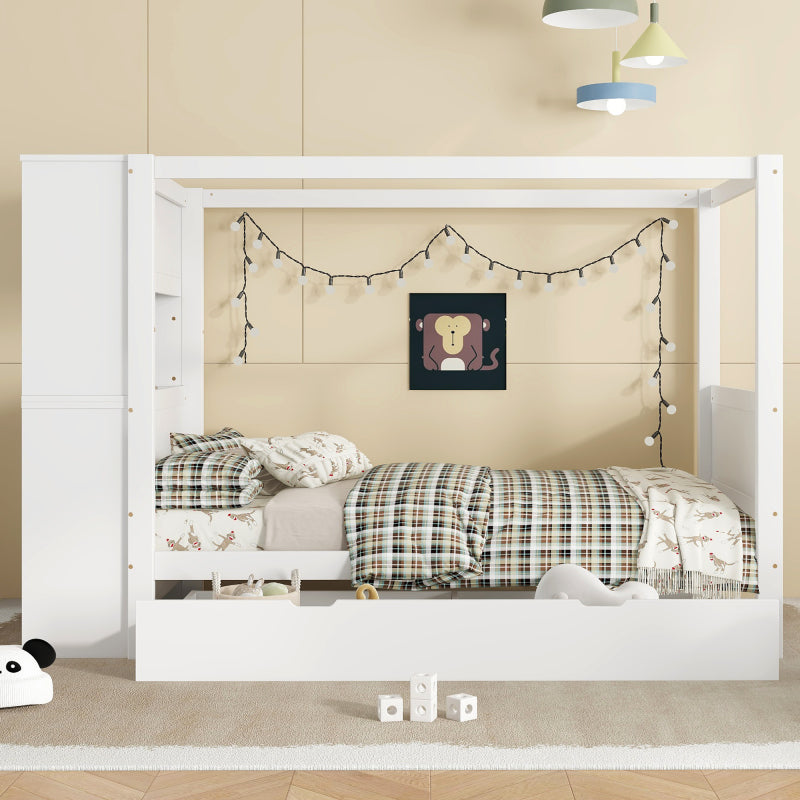 Einzelbett, Kinderbett mit Fallschutz und Gitter,  Holzbett mit Stauraum, Weiß+Natur,  90x200cm