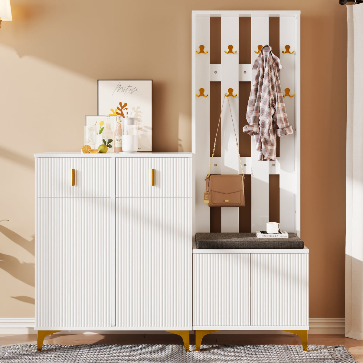 Garderoben-Set mit Schuhschrank & Sitzbank, Wellenfront, Push-to-Open, goldene Details, Weiß