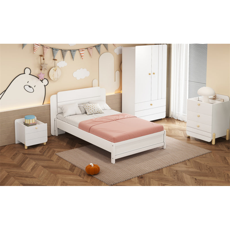 Holzbett 90*200 cm , Einzigartige und Minimalistische Form, Kopfteil mit Liniendesign, Kindereinzelbett, Weiß