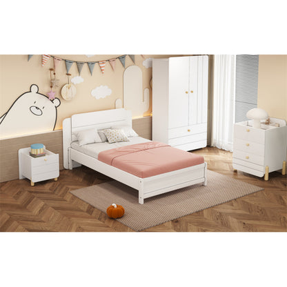 Holzbett 90*200 cm , Einzigartige und Minimalistische Form, Kopfteil mit Liniendesign, Kindereinzelbett, Weiß